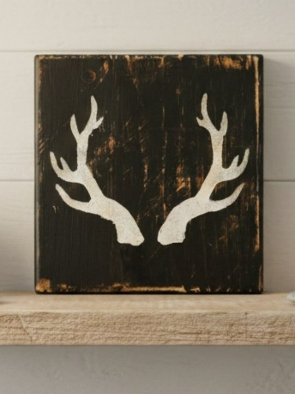 Rustic Antler Wood Block Decor | Handmade Cabin Lodge Shelf Sitter